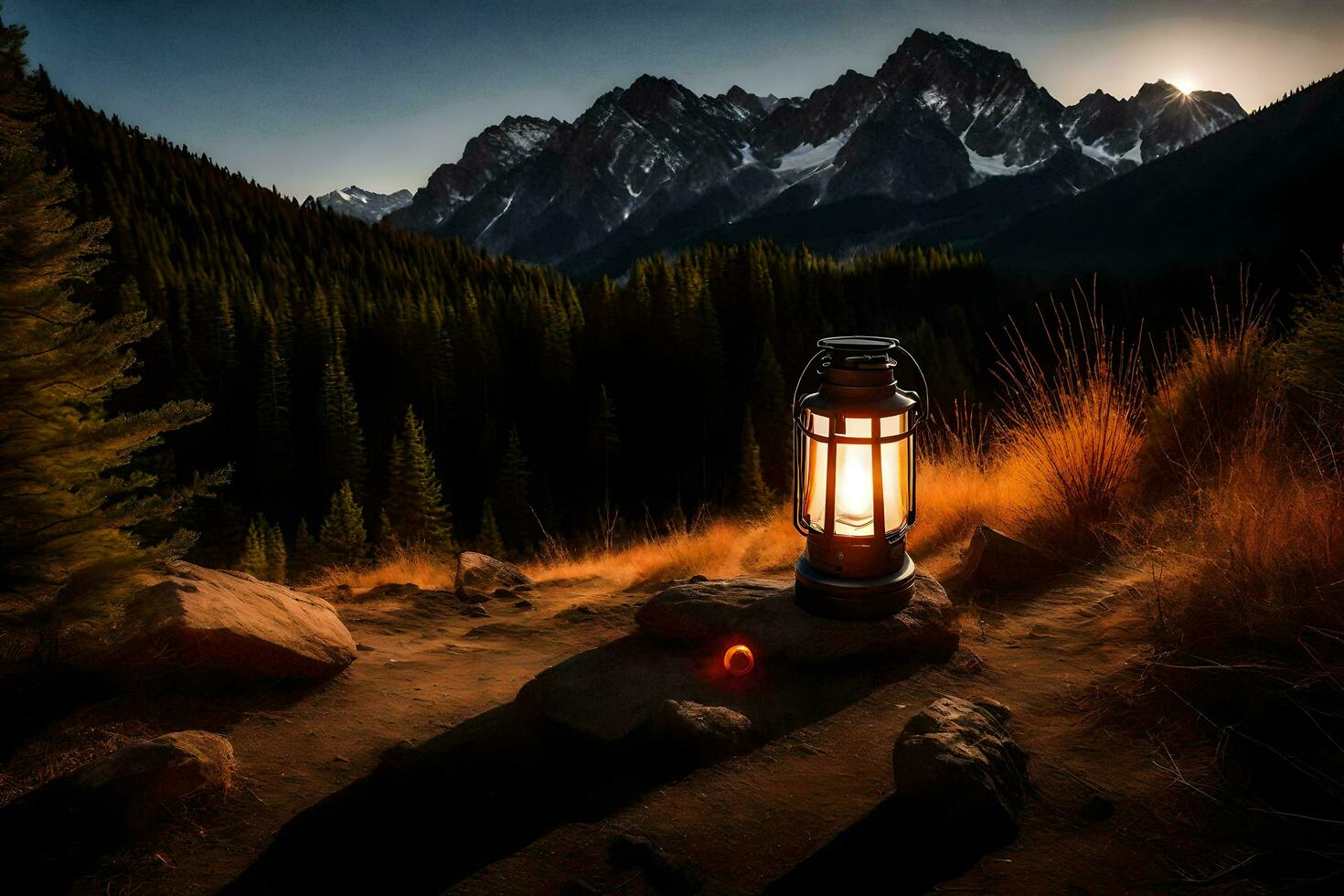 une lanterne est allumé sur une Montagne chemin dans de face de une Montagne. généré par ai photo