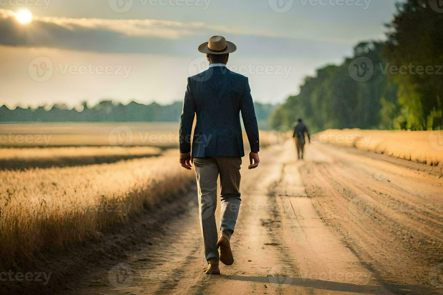 une homme dans une costume et chapeau en marchant vers le bas une saleté route. généré par ai photo