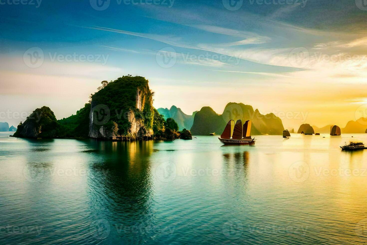 le Soleil ensembles plus de le l'eau dans halong baie, vietnam. généré par ai photo