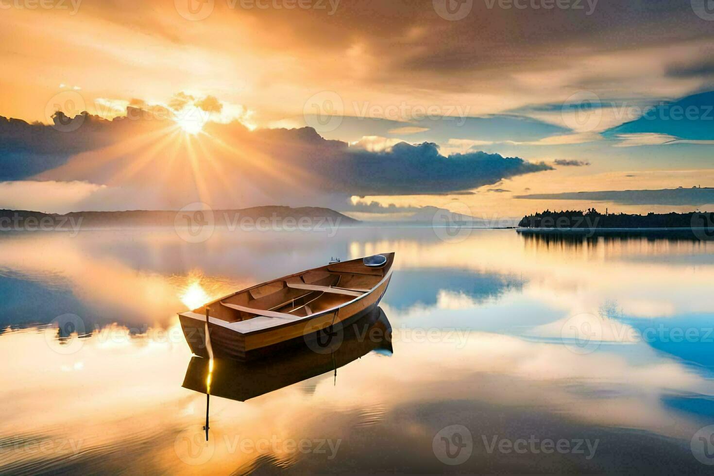 le bateau sur le lac, coucher de soleil, lac, lever du soleil, réflexion, eau, HD fond d'écran. généré par ai photo