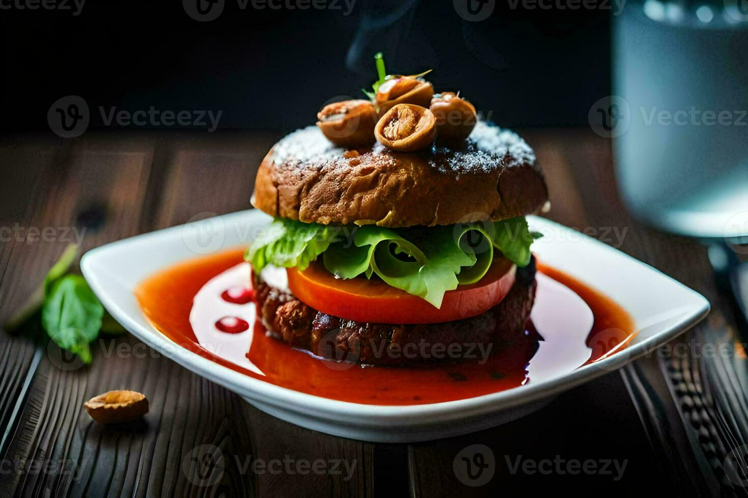 une Hamburger avec tomate, salade et des noisettes sur une blanc plaque. généré par ai photo