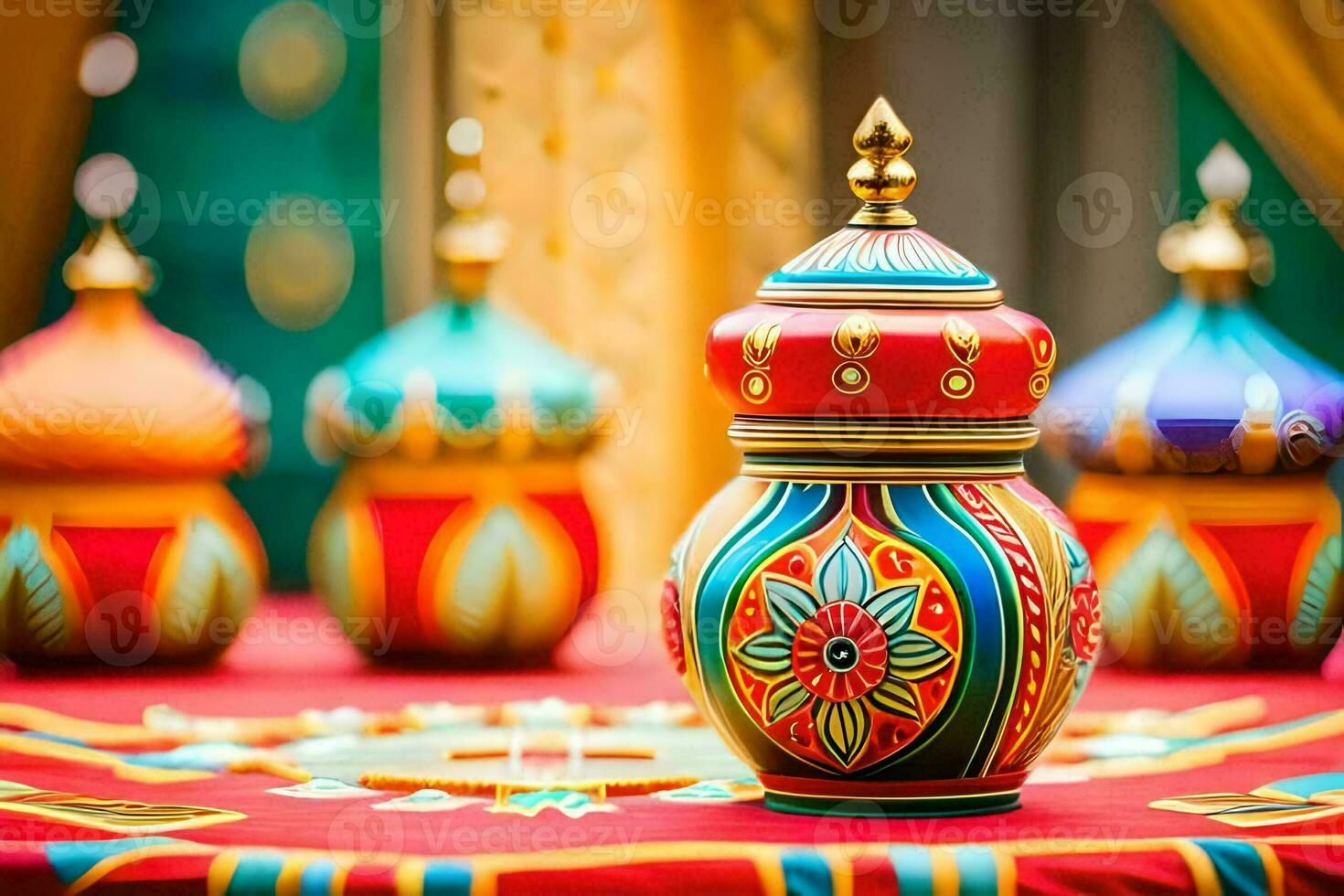 coloré des vases sur une table avec une coloré nappe de table. généré par ai photo