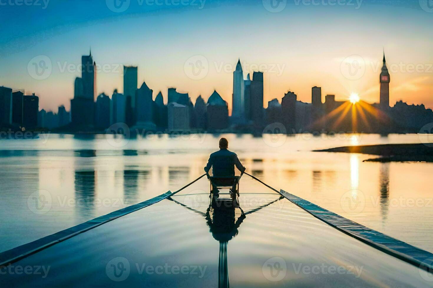 le homme aviron dans le l'eau à le coucher du soleil. généré par ai photo