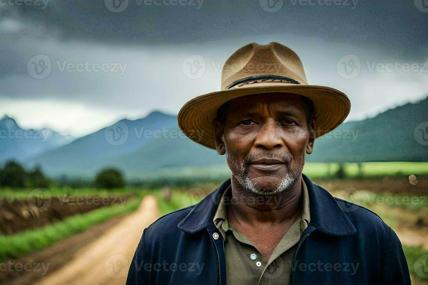 une homme dans une chapeau permanent dans une saleté route. généré par ai photo