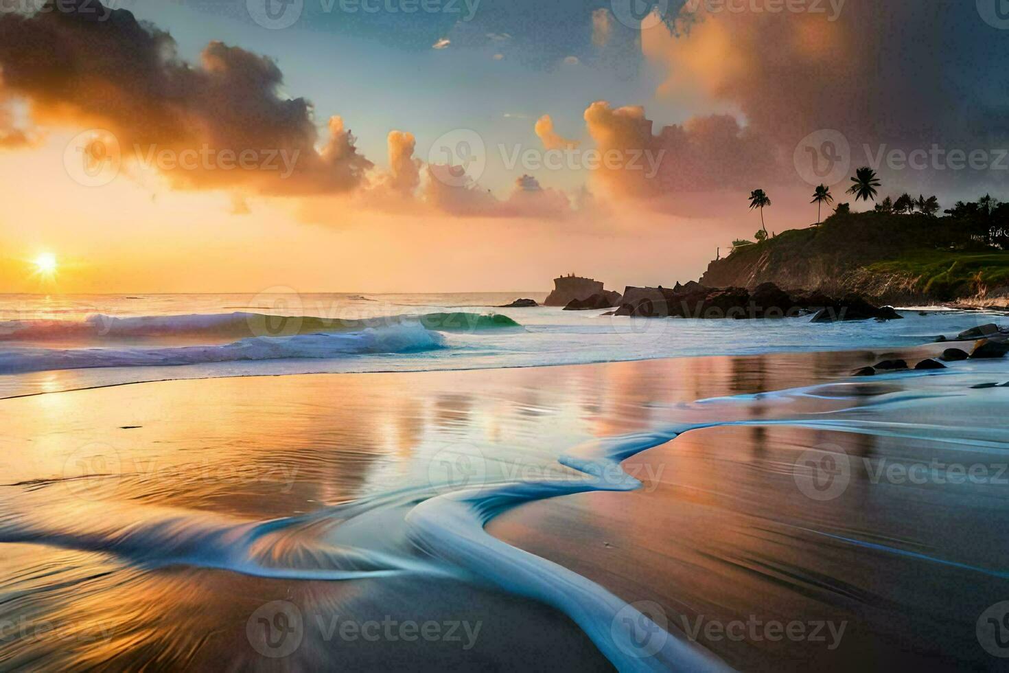 le plage, coucher de soleil, océan, vagues, vagues, vagues, vagues, vagues, vagues,. généré par ai photo