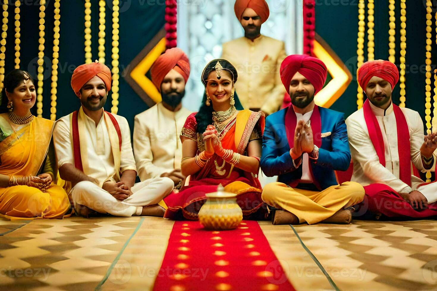 Indien mariage la cérémonie avec la mariée et jeune marié. généré par ai photo