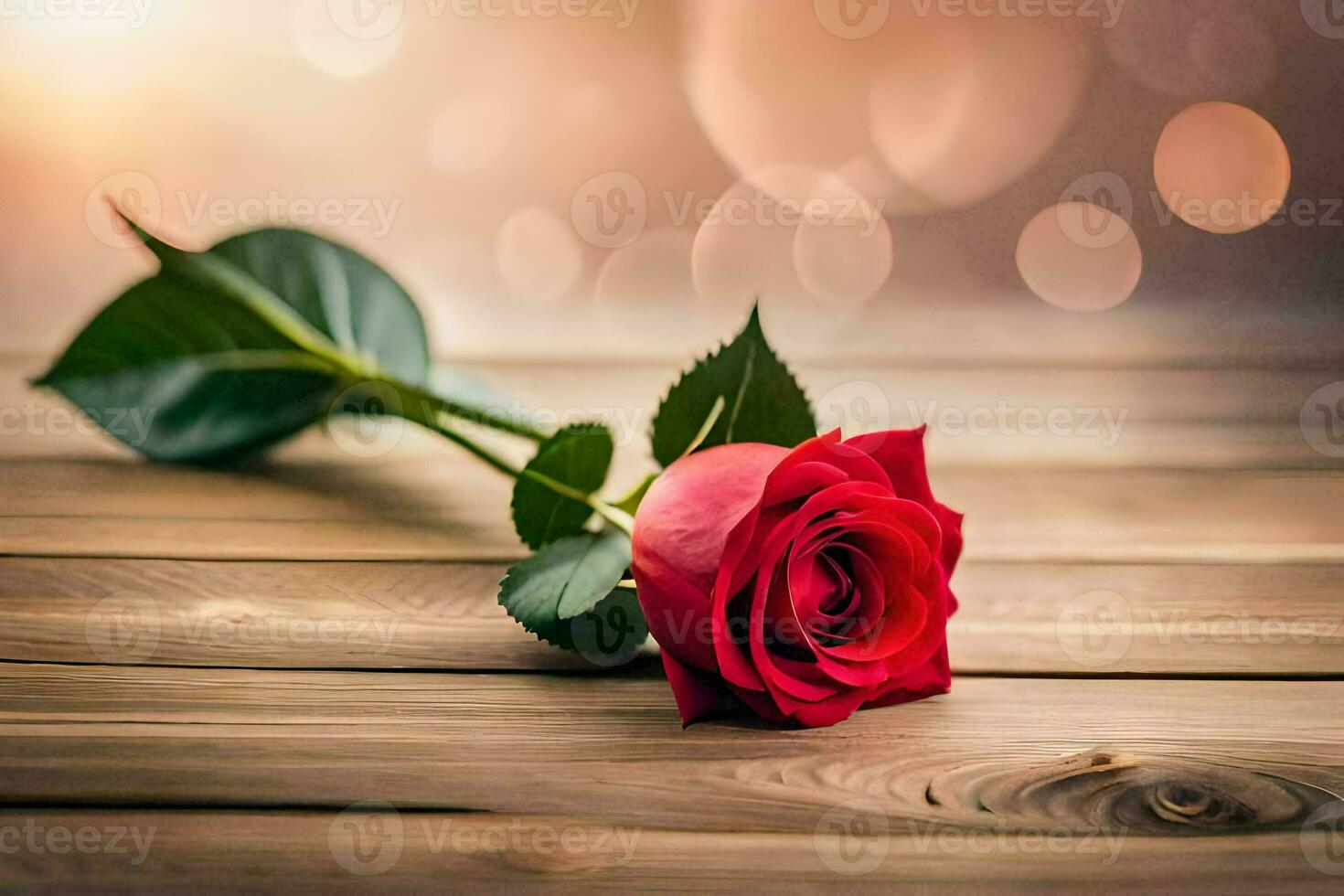 une Célibataire rouge Rose sur une en bois table avec bokeh. généré par ai photo