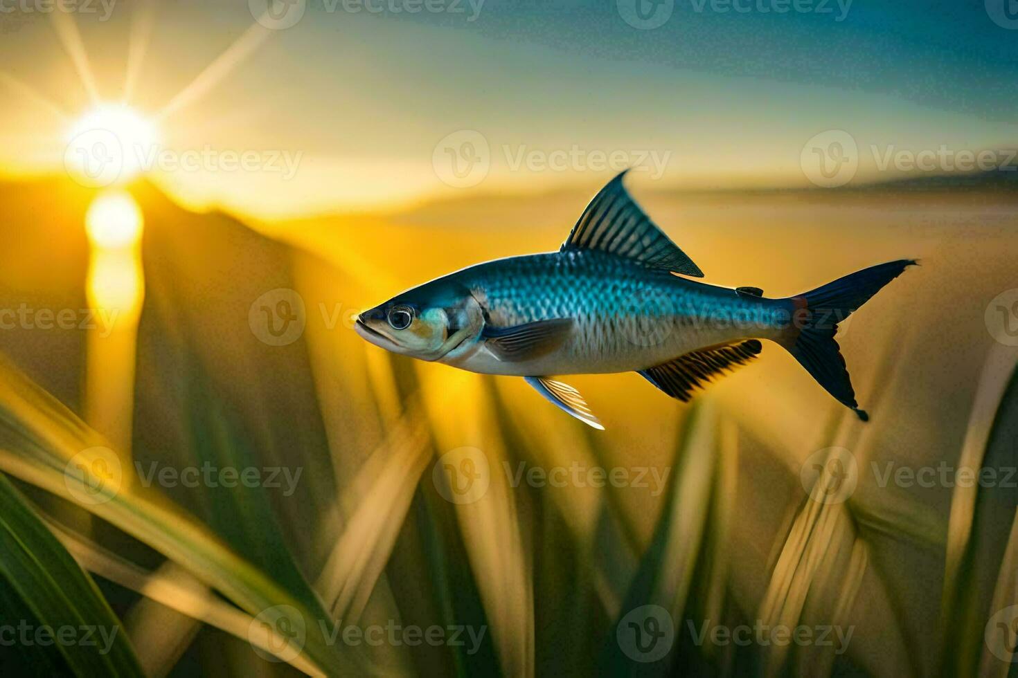 poisson dans le le coucher du soleil. généré par ai photo