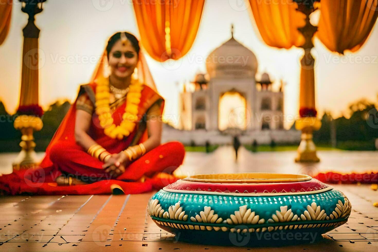 une magnifique Indien la mariée séance sur le sol avec sa mariage robe. généré par ai photo