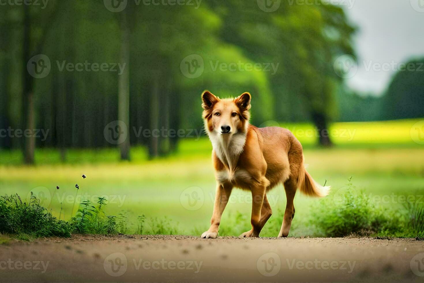 une marron chien en marchant sur une saleté route dans le milieu de une champ. généré par ai photo