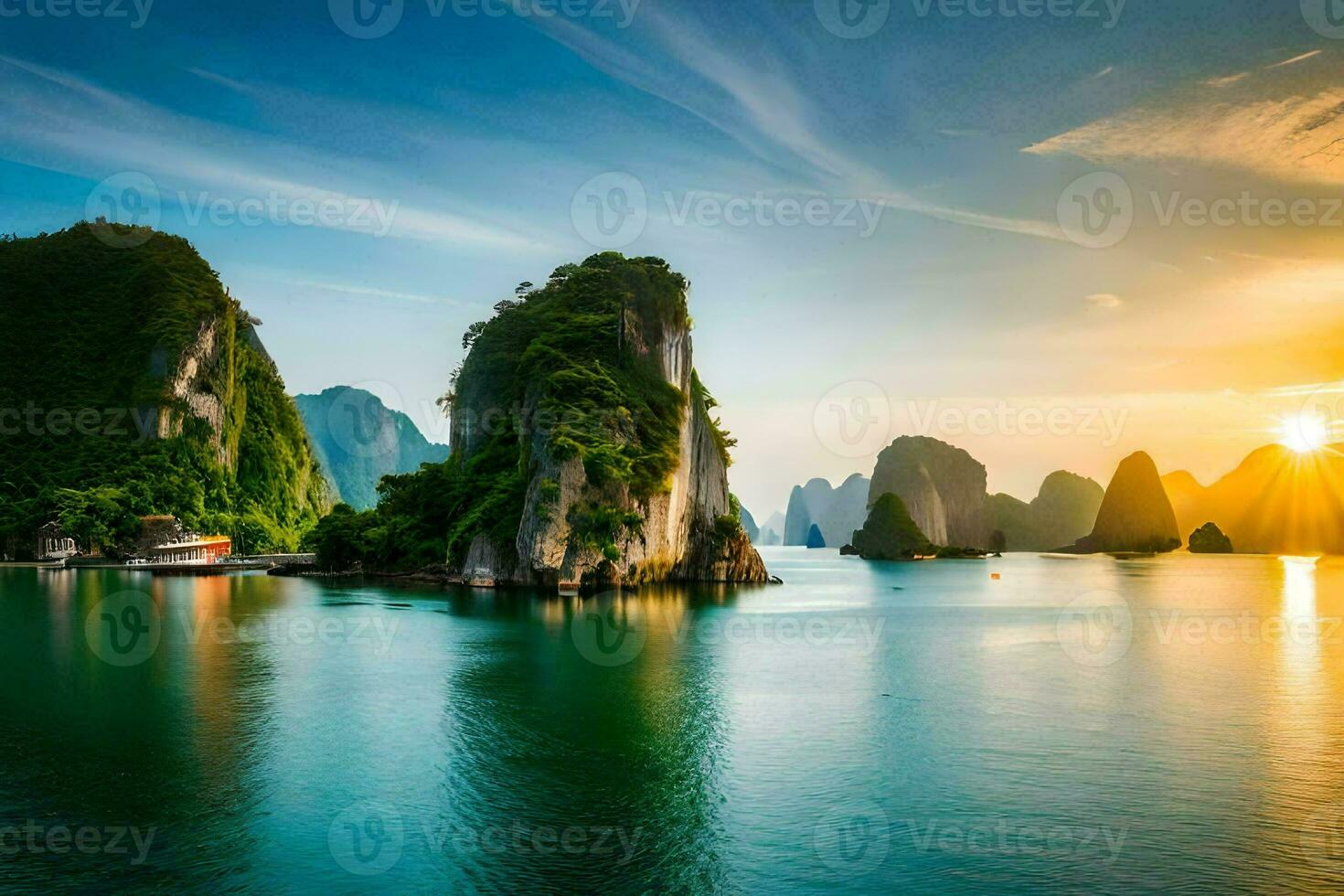 le Soleil ensembles plus de le l'eau dans halong baie, vietnam. généré par ai photo