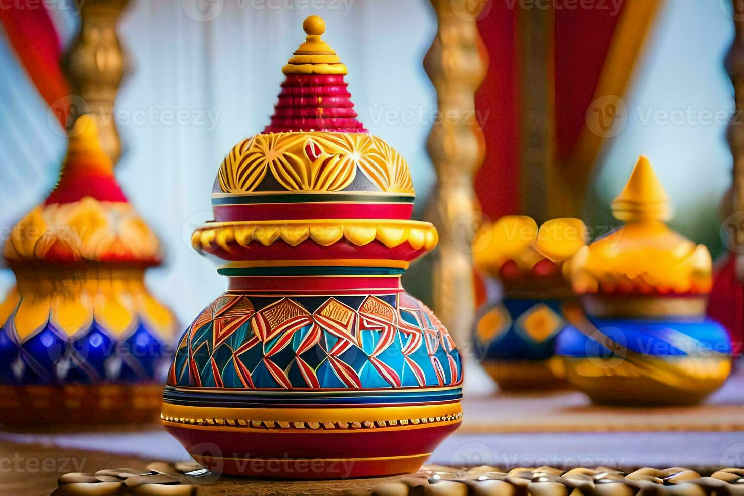 coloré des vases sur une table avec or et rouge décorations. généré par ai photo