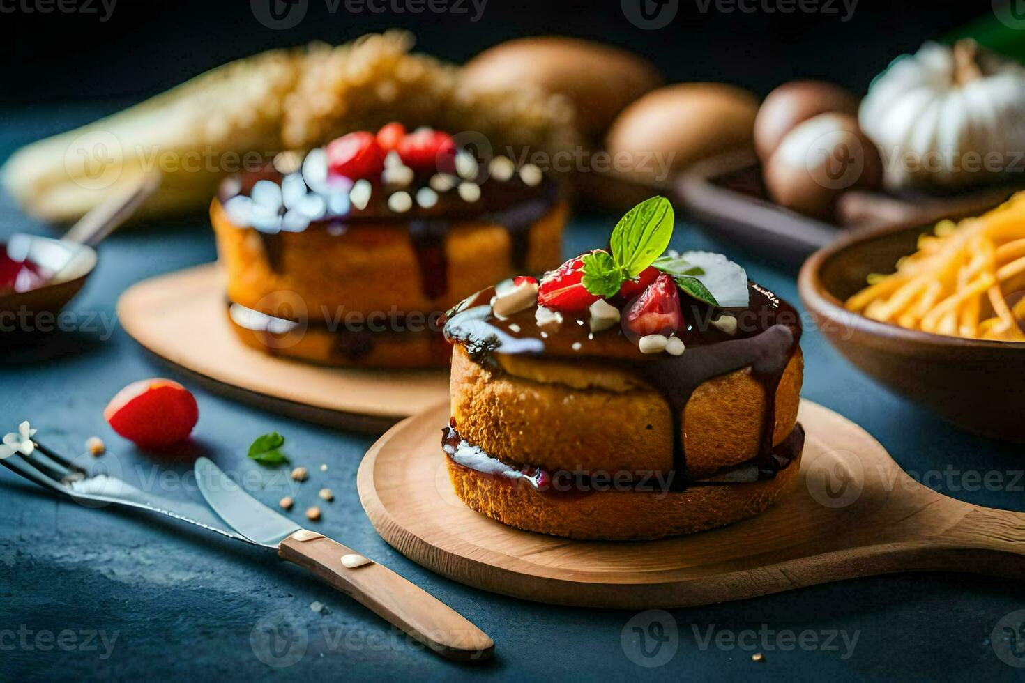 deux Chocolat Gâteaux sur une en bois Coupe planche. généré par ai