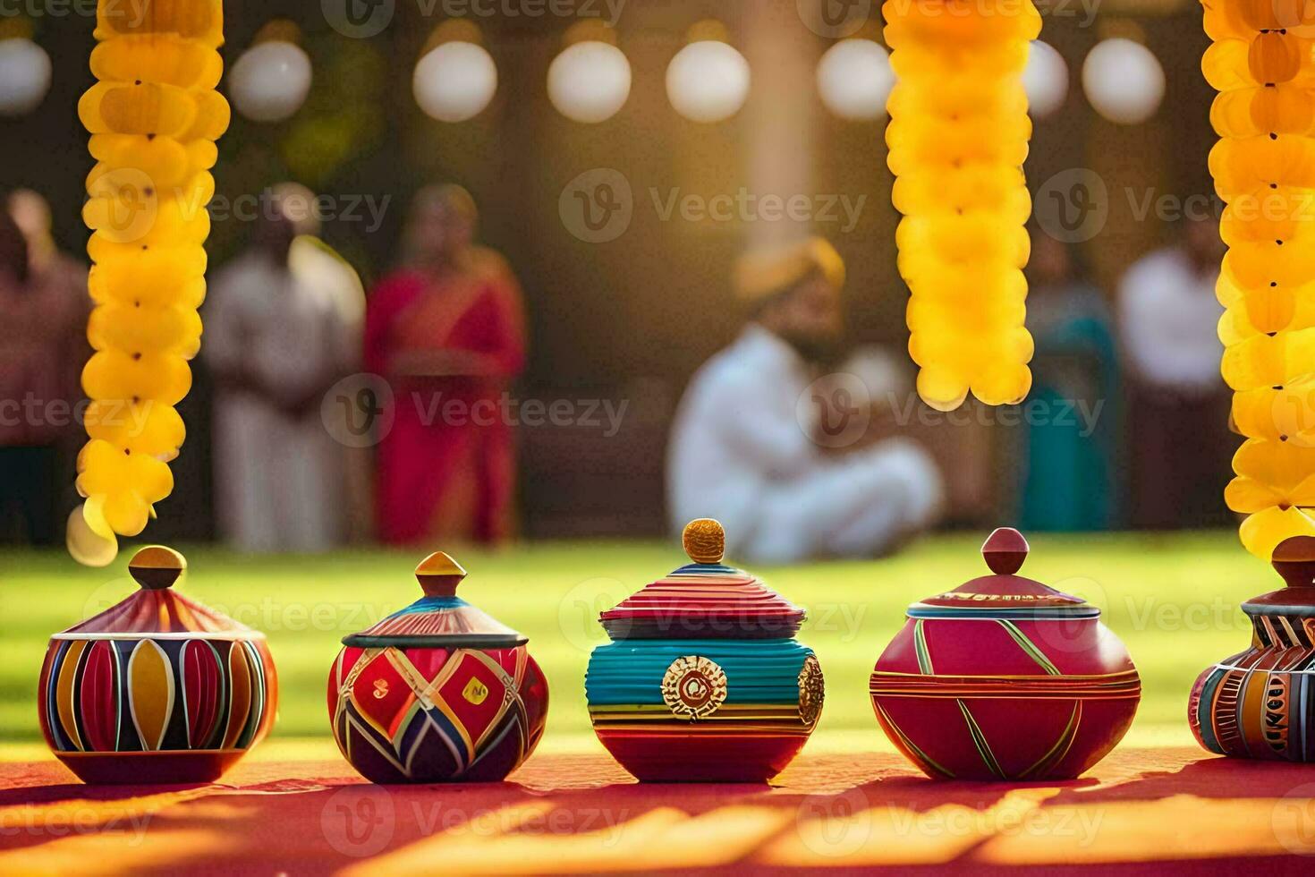 coloré des pots et des vases sur une table avec gens dans le Contexte. généré par ai photo