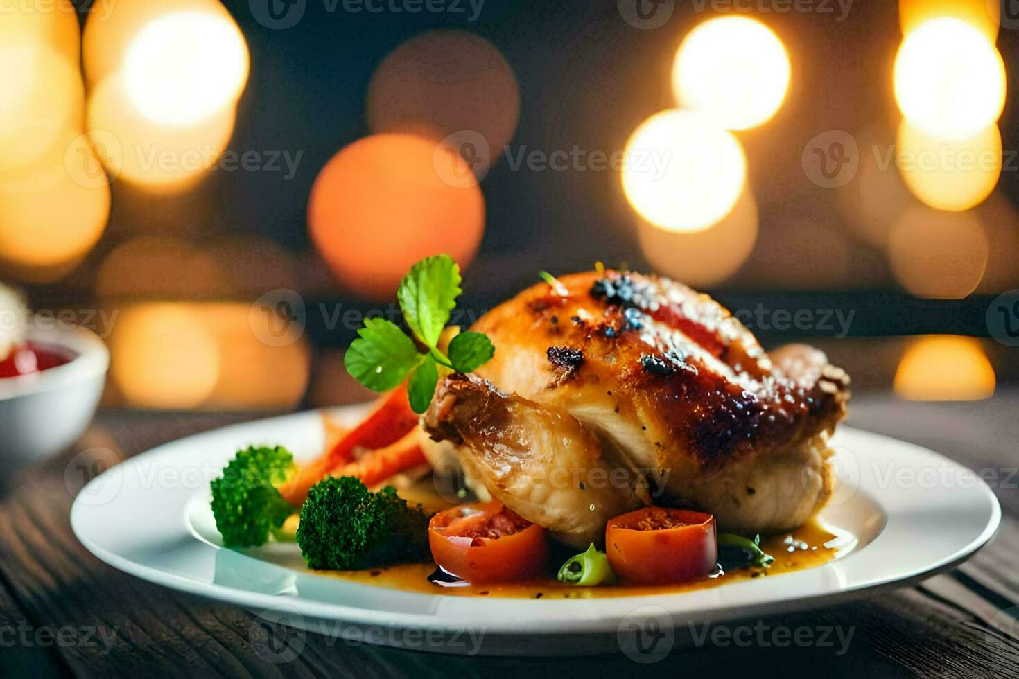 une assiette de poulet avec des légumes et sauce sur une tableau. généré par ai photo