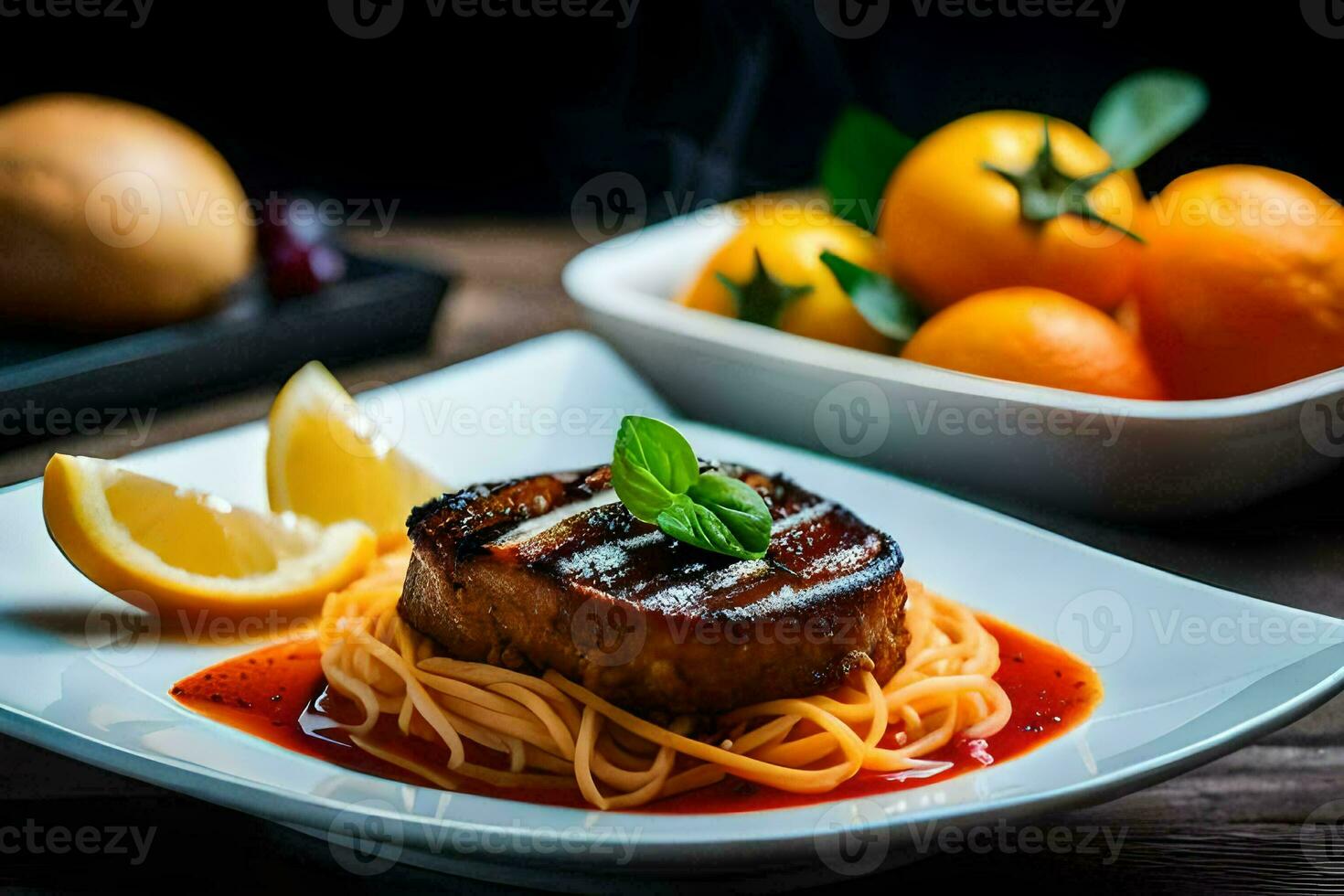 une assiette de spaghetti avec Viande et Orange tranches. généré par ai photo