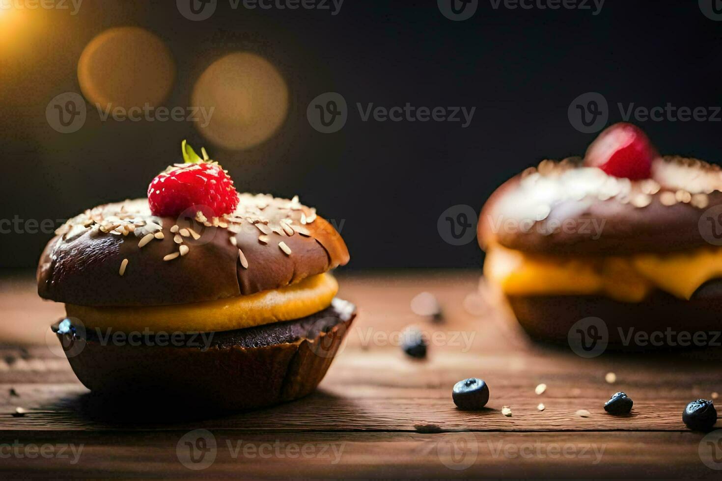 deux Chocolat petits gâteaux avec baies sur Haut. généré par ai photo