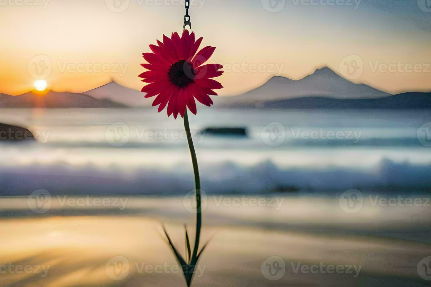 une rouge fleur est pendaison de une crochet sur le plage. généré par ai photo