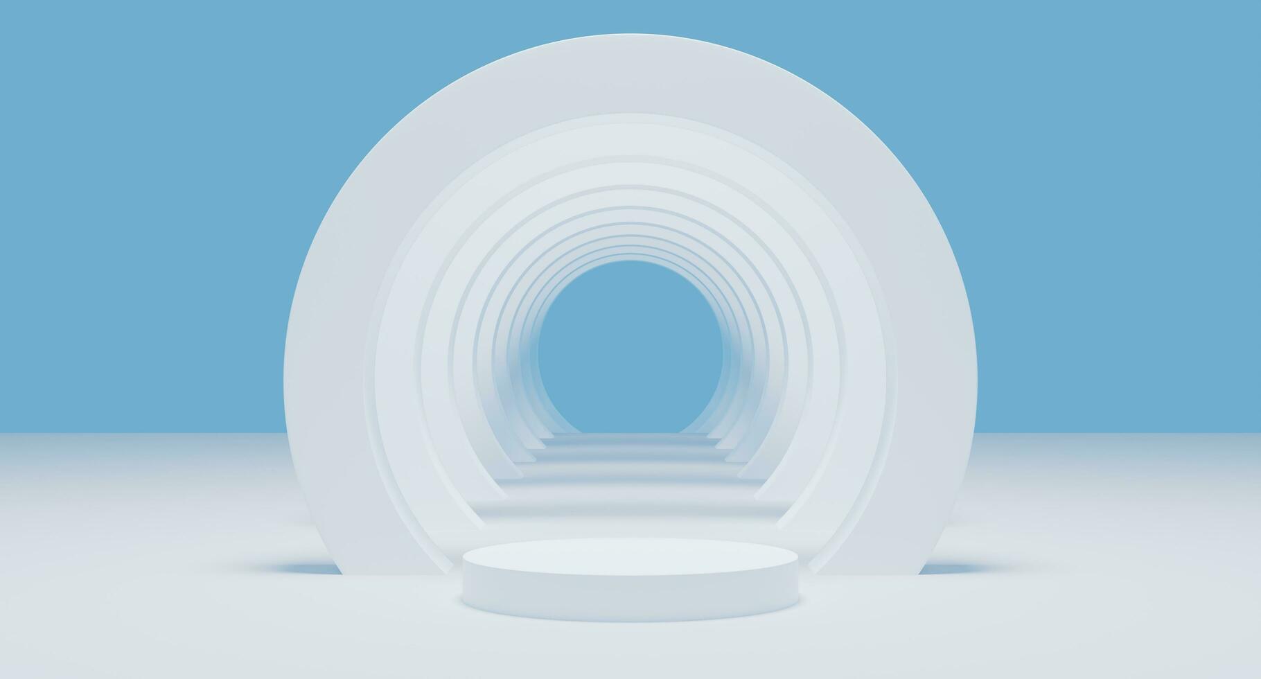 blanc mur Vide cylindre sol 3d le rendu. blanc lumière brillant cercle dans podium minimal studio Contexte. abstrait géométrique forme objet sur bleu illustration. minimal concept photo