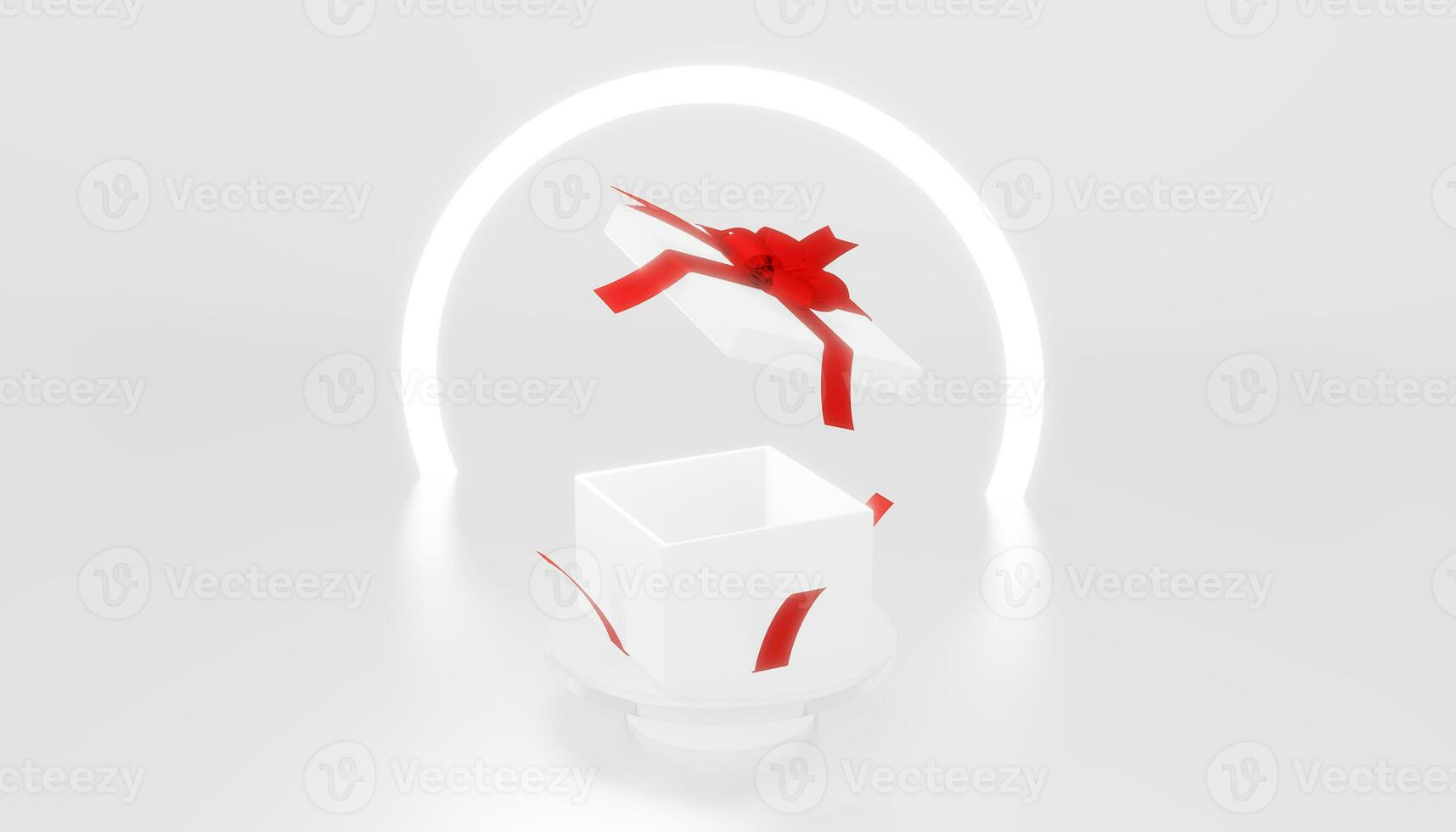 ouvert cadeau boîte avec rouge arc et lumières sur rester. présent boîte avec rouge ruban arc isolé sur blanc Contexte. 3d le rendu Noël et content Nouveau années journée illustration photo