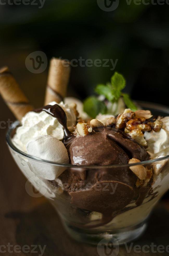 dessert sundae à la crème glacée à la vanille et au chocolat bio dans un bol photo