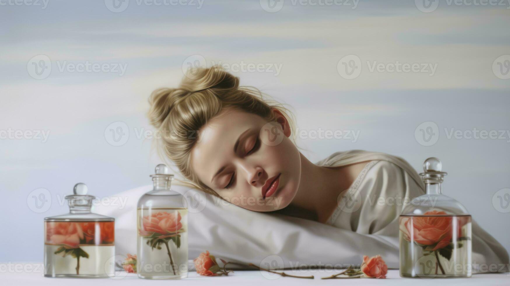 le image dépeint une femme mensonge vers le bas sur une lit, entouré par une serein ambiance. elle est étant bercé à sommeil par le apaisant parfums de aromatique huiles photo