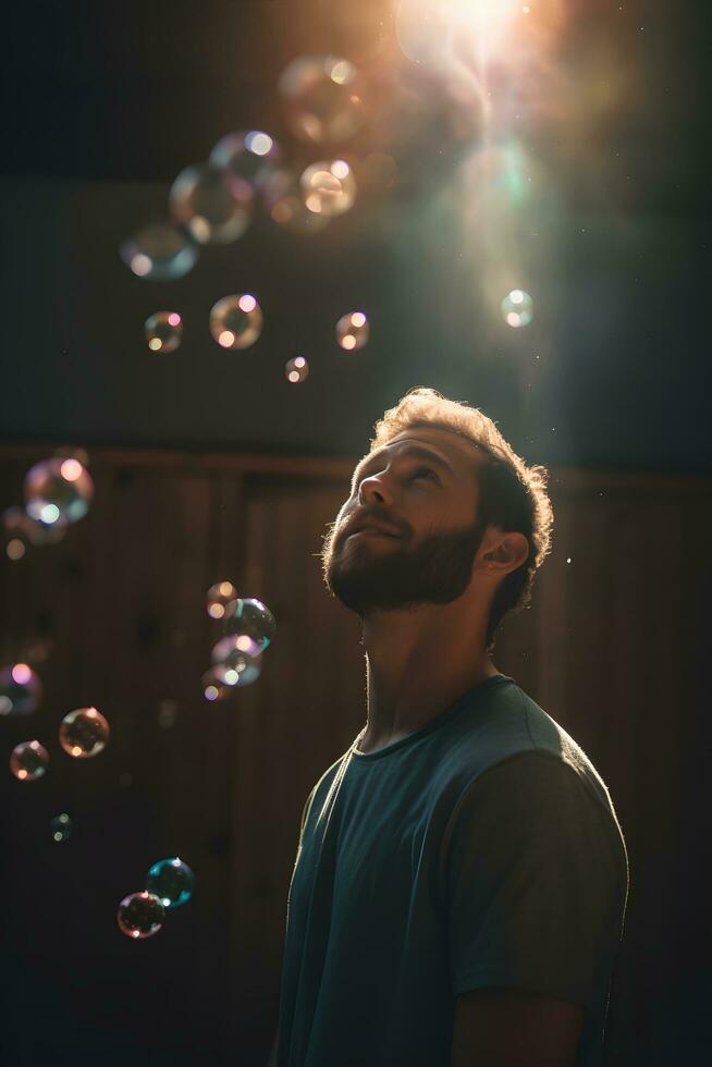 détendu adulte homme respiration Frais air avec bulles représentation de fraîcheur.. ai généré photo