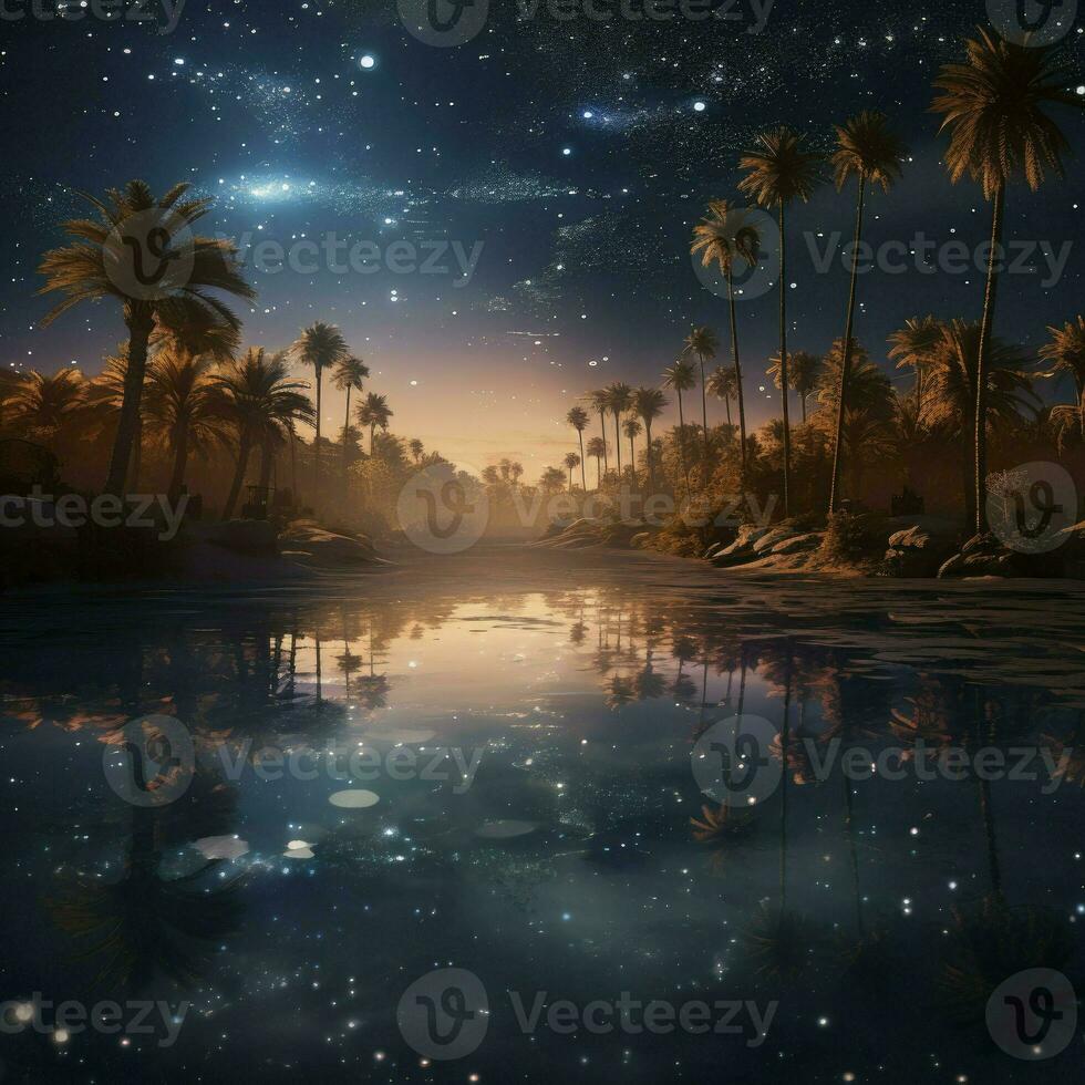 nuit désert oasis en dessous de plein lune étoilé ciel. dessin animé paysage rivière, le sable dunes, paume des arbres et végétaux, déserté Sahara la nature panoramique 3d scène, illustration, ai généré photo