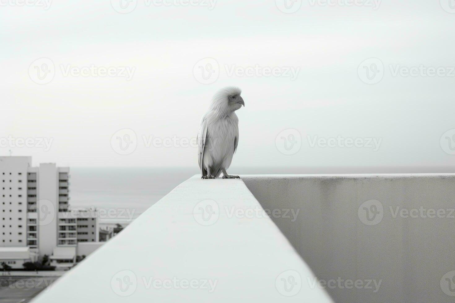 une noir et blanc photo de une oiseau sur une rebord génératif ai