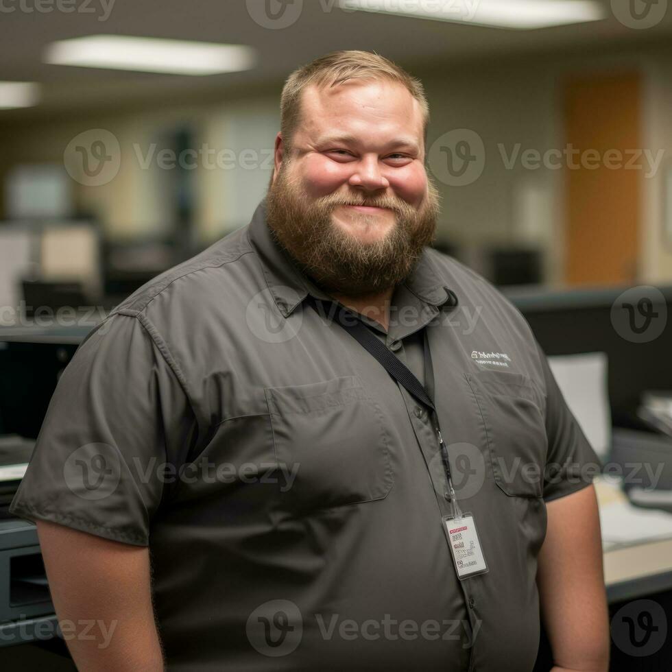 une homme avec une barbe permanent dans de face de une bureau génératif ai photo
