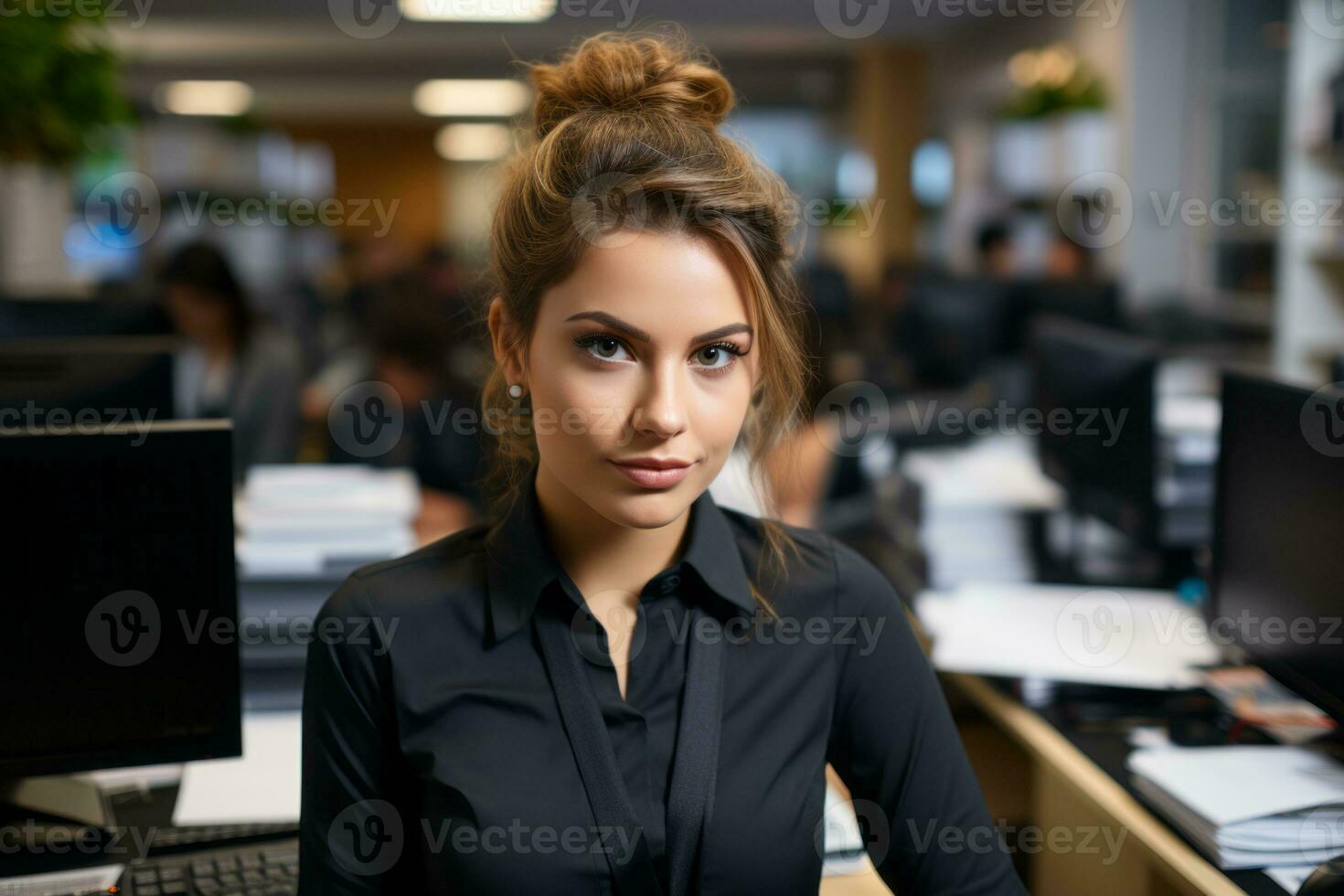 une femme dans une noir chemise séance à une bureau dans un Bureau génératif ai photo