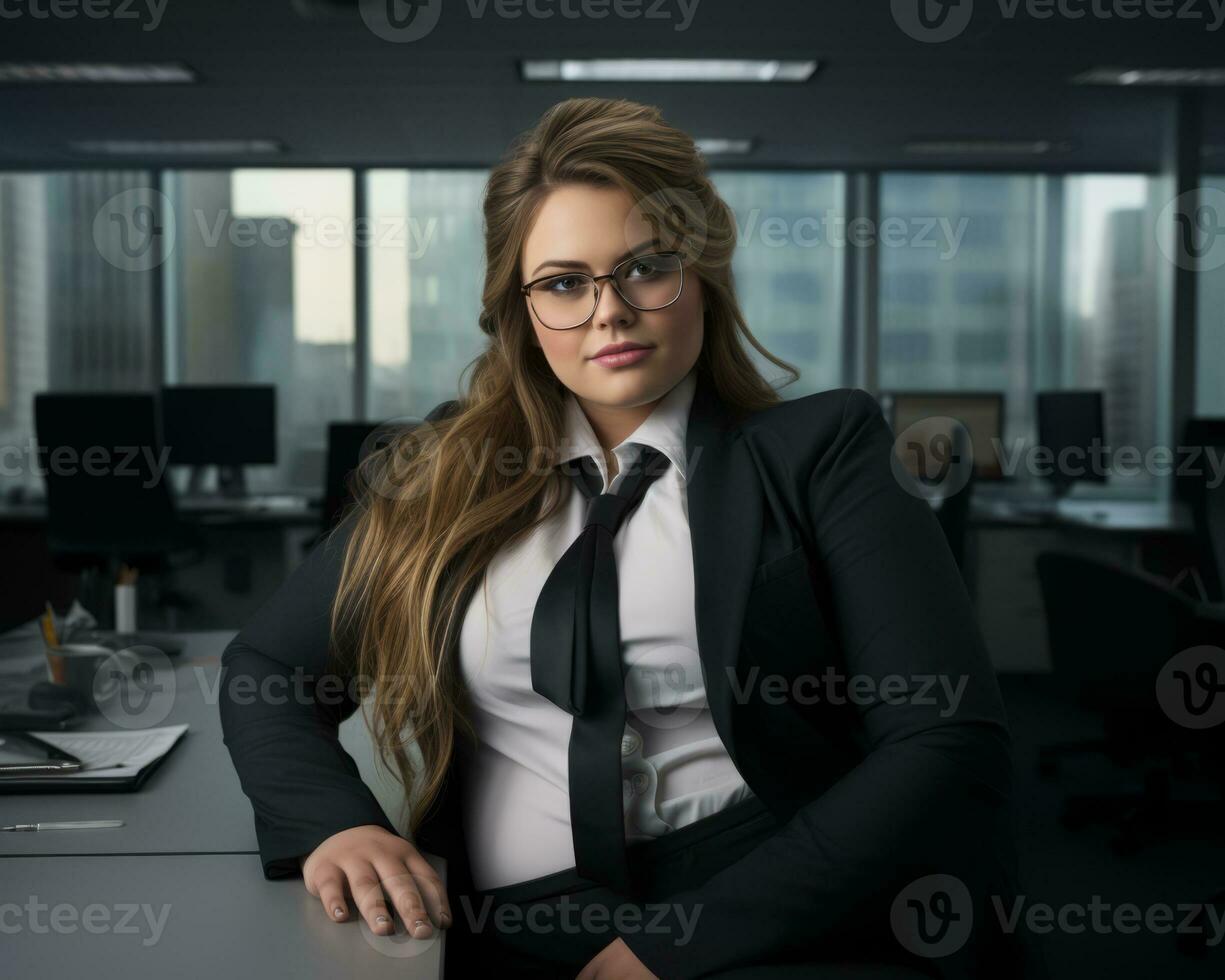 une femme dans une costume et attacher séance à une bureau génératif ai photo