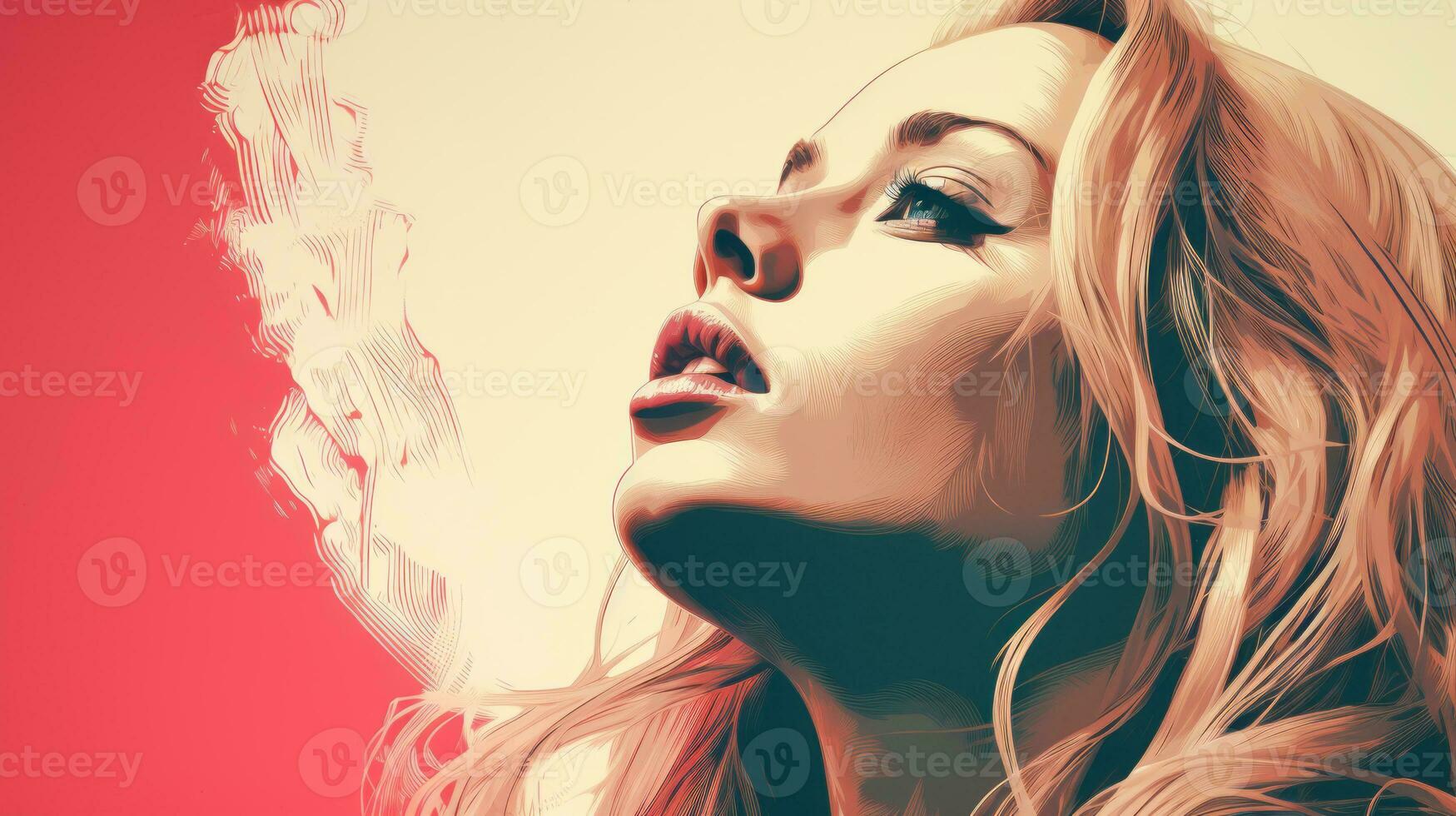 une femme avec longue blond cheveux est fumeur une cigarette génératif ai photo