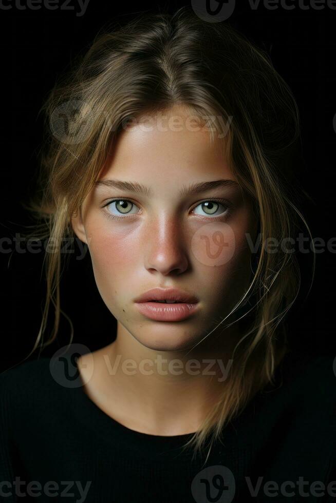 une Jeune femme avec vert yeux et blond cheveux génératif ai photo