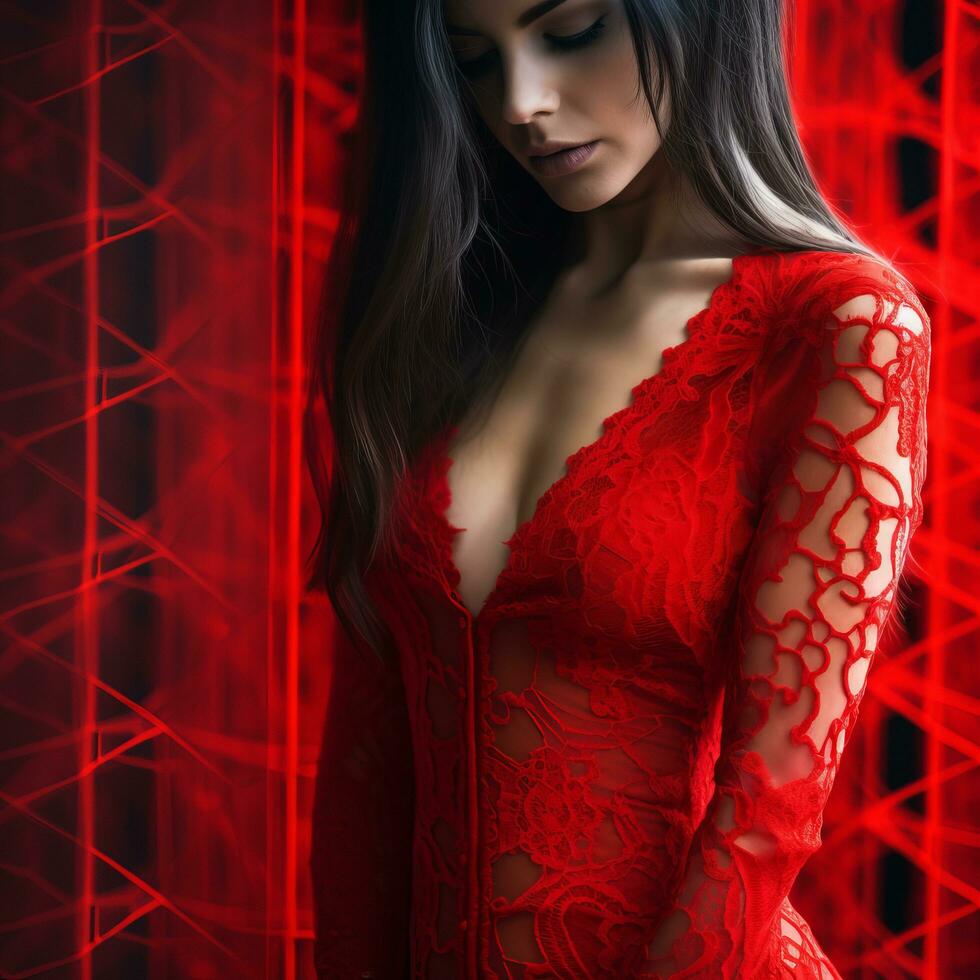 une magnifique femme dans une rouge robe génératif ai photo