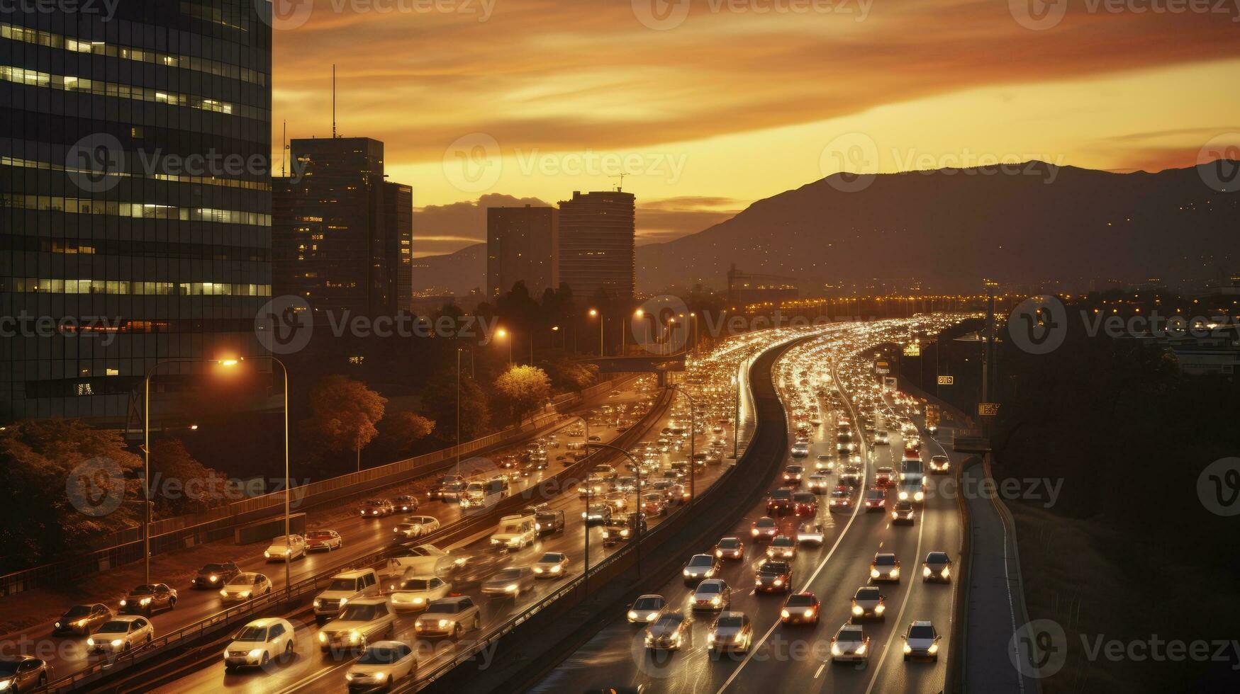 Haut voir, de pointe heure circulation à le coucher du soleil. génératif ai photo