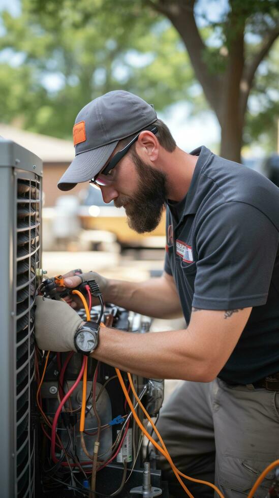 HVAC technicien entretien un air conditionnement unité photo