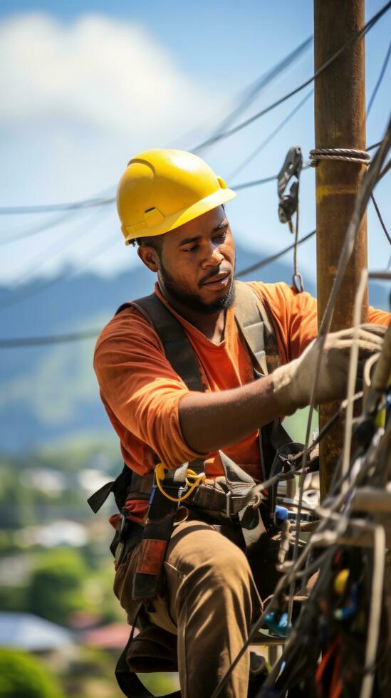 ouvrier réparer électrique fils sur une Puissance ligne photo