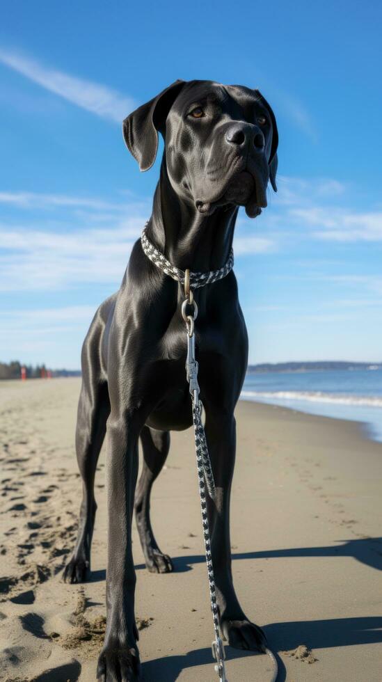 une majestueux génial Danois permanent sur une plage avec une noir laisse photo