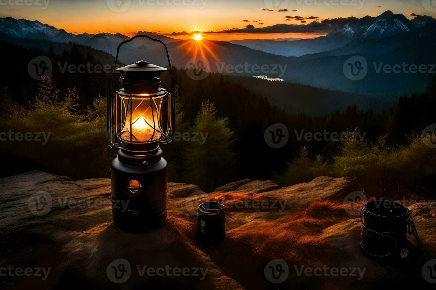 une lanterne et café tasse asseoir sur une Roche dans de face de une Montagne à le coucher du soleil. généré par ai photo