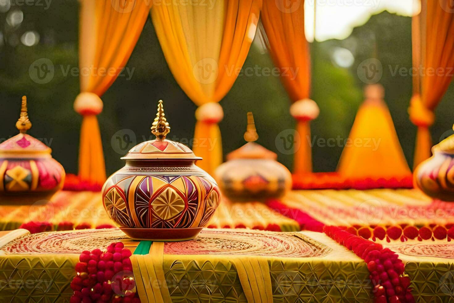 une table avec coloré des pots et une rouge rideau. généré par ai photo