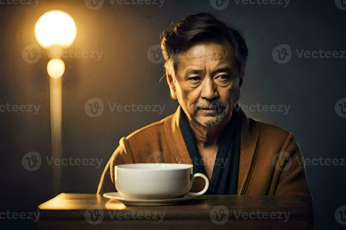 un asiatique homme séance à une table avec une tasse de café. généré par ai photo