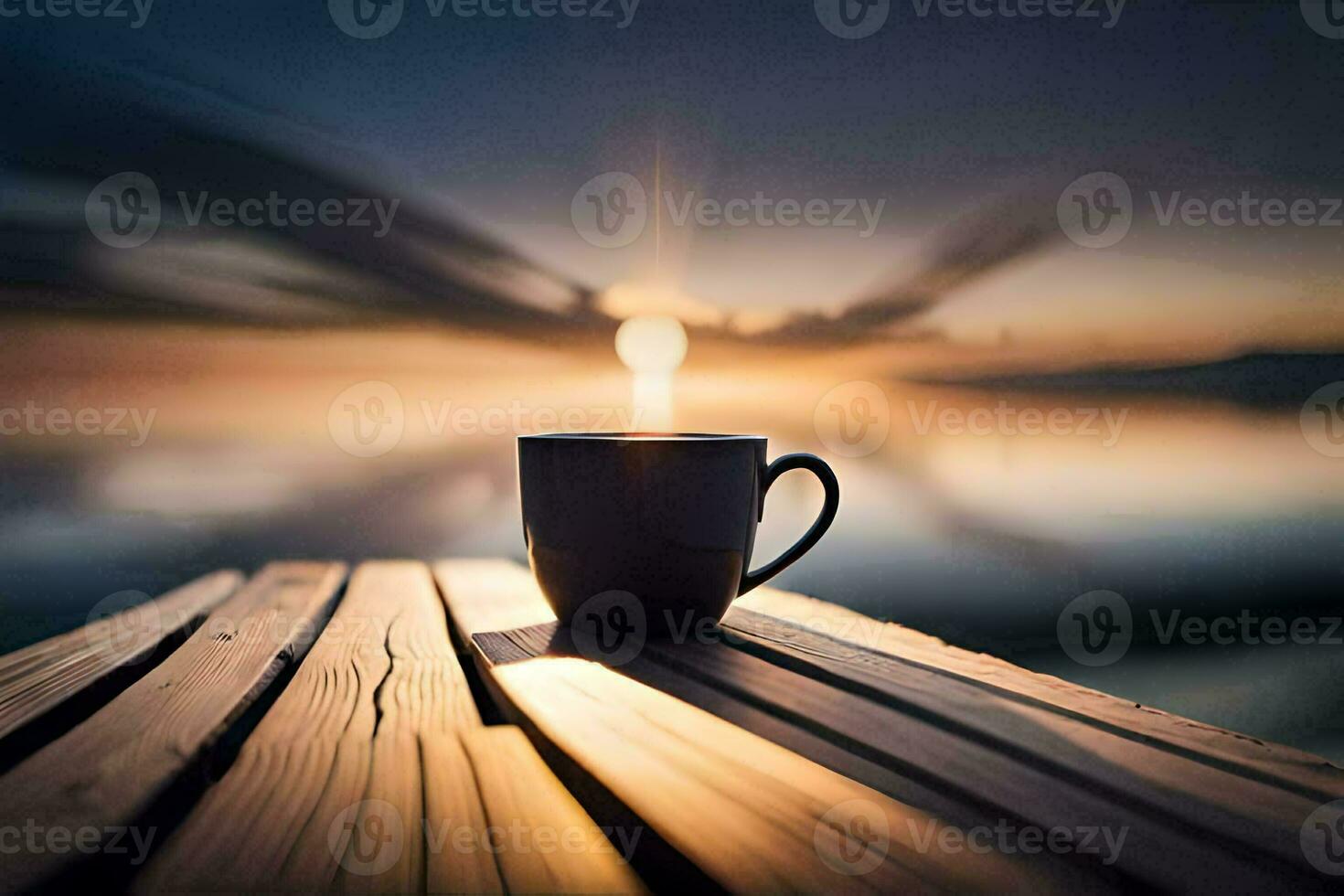 café tasse sur le en bois tableau, lever du soleil, le ciel, le océan, le mer,. généré par ai photo