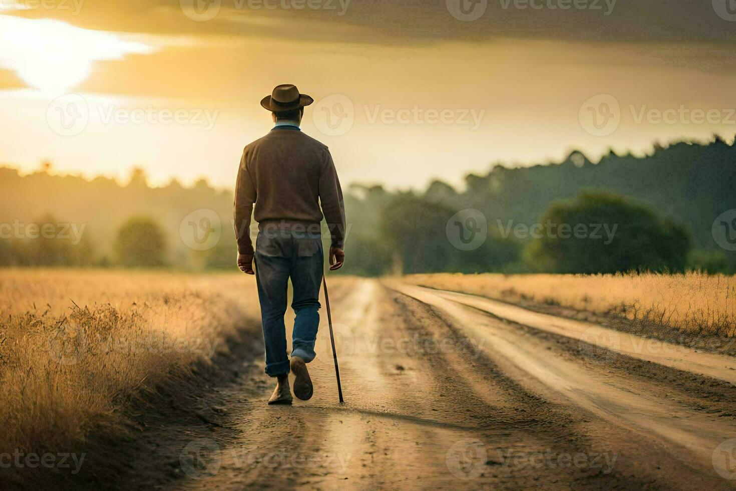 une homme en marchant sur une saleté route avec une canne. généré par ai photo