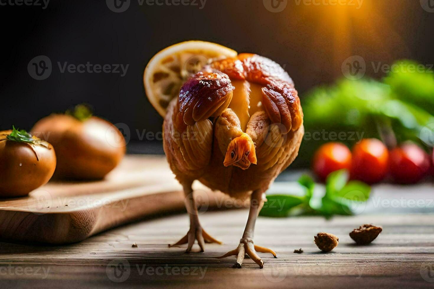 une poulet avec une tranche de citron sur il. généré par ai photo