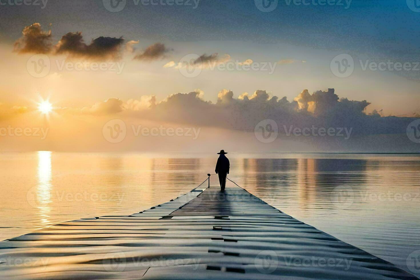 une homme en marchant sur une jetée à le coucher du soleil. généré par ai photo