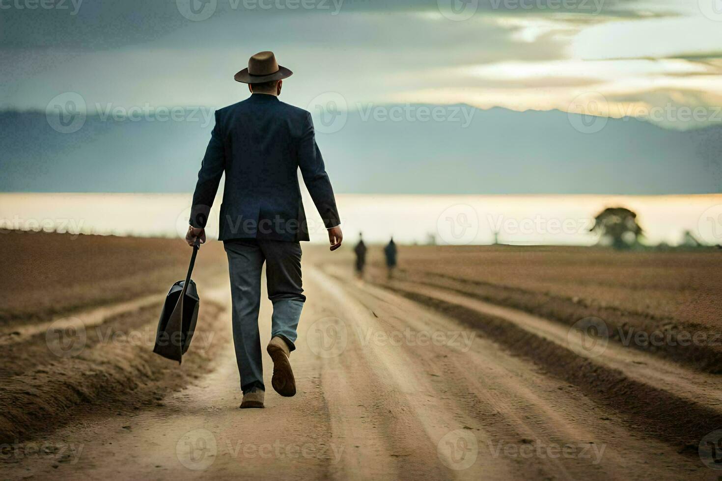 une homme dans une costume et chapeau en marchant vers le bas une saleté route. généré par ai photo