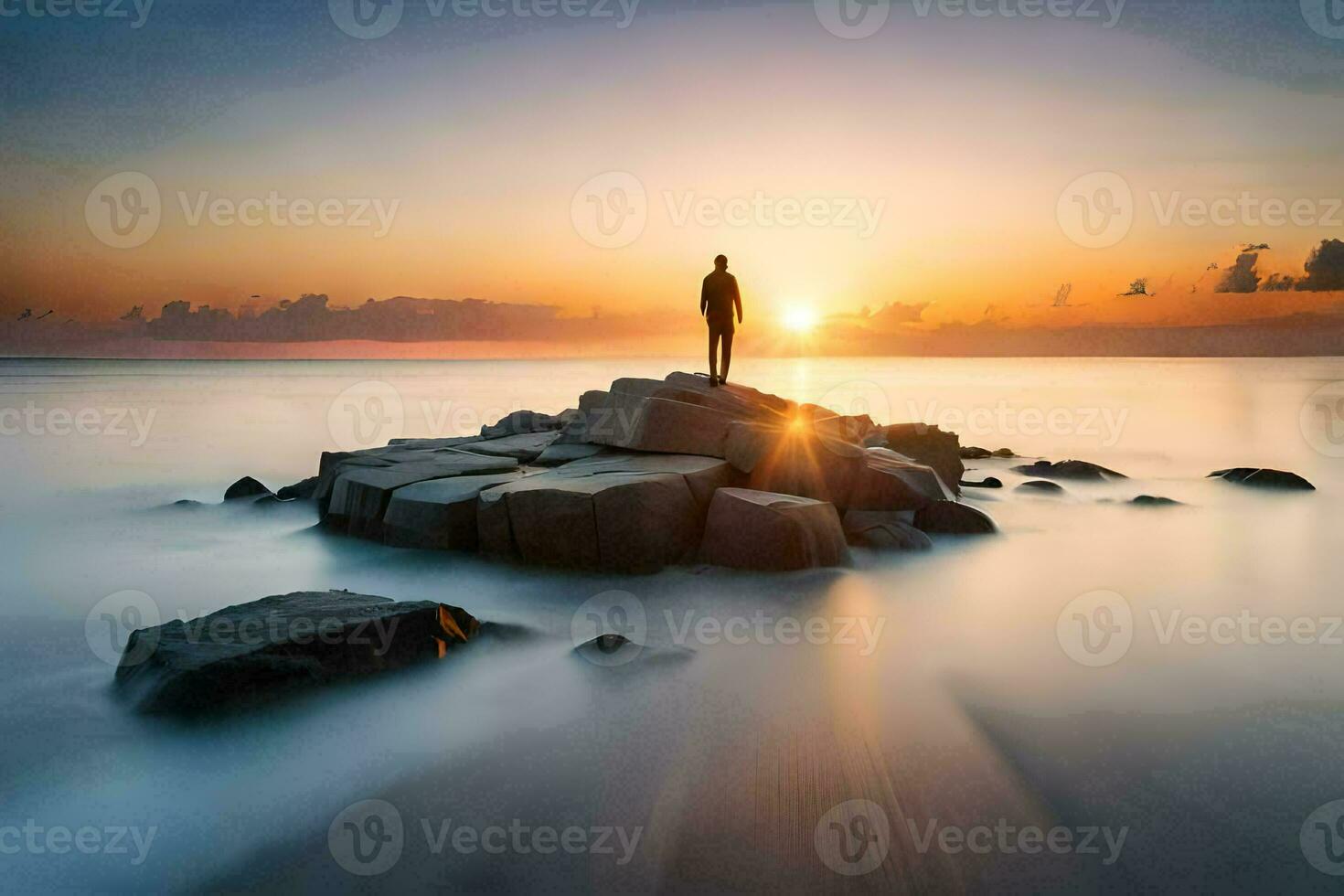 une homme des stands sur rochers dans le océan à le coucher du soleil. généré par ai photo