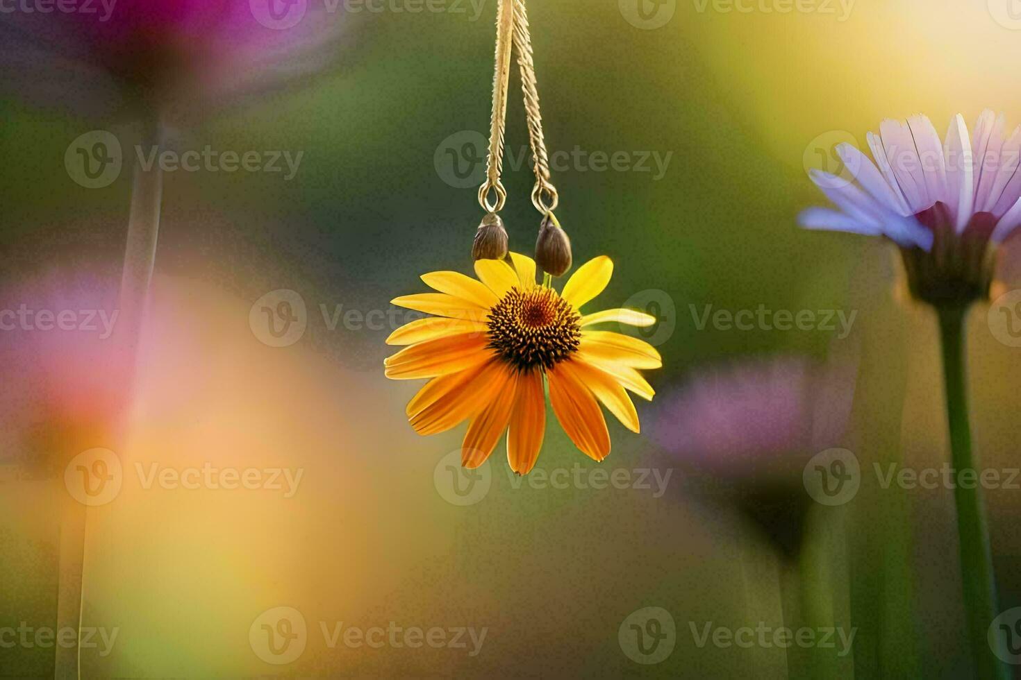 une Jaune fleur est pendaison de une Collier dans de face de une champ de fleurs. généré par ai photo