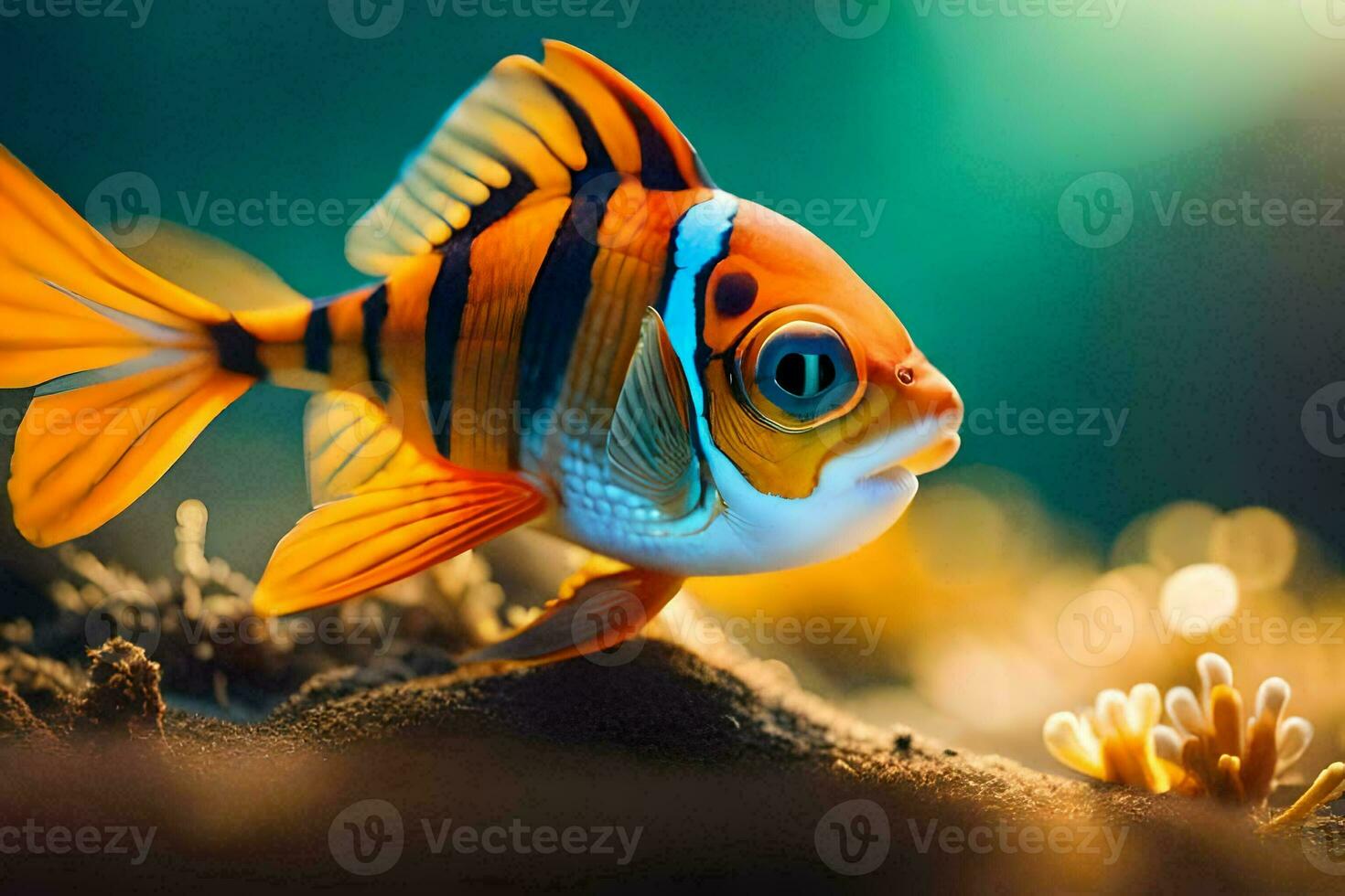 un Orange et noir poisson avec une bleu Contexte. généré par ai photo